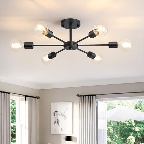 6-Lights Semi Flush Mount Ceiling Light, Matte Black Close to Ceiling Lighting with E26 Base, Modern Sputnik Light Fixtures for Kitchen Dining Room Bedroom Living Room