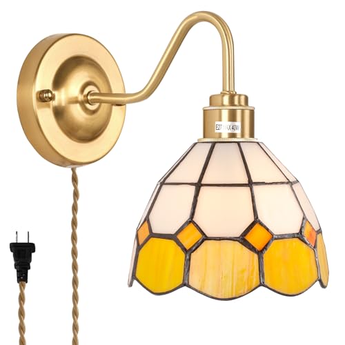 Wall Sconce, Wall Mounted Lamps with Green Checker Sconce, Stained Glass Shade Brass Wall Lights Fixture with Plug in Cord and Switch for Bedroom Bathroom Living Room Hallway