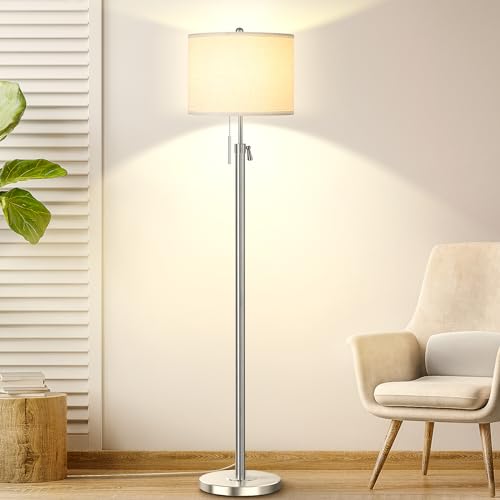 Floor Lamp for Living Room Adjustable Tall Standing Lamp, 3-Way Dimmable Floor Lamp for Bedroom Office, Black Gold Lamp with Marble Base and White Linen Shade, 6W 3000K LED Blub Included