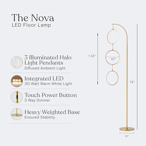 Brightech Nova Modern Floor Lamp - Contemporary Arc Tall Lamp with 3-Circle Ring-Style Pendant - Over the Couch Standing Lamp on Arching Pole - Eclectic Tall Lamp Matches Living Room Décor - Gold