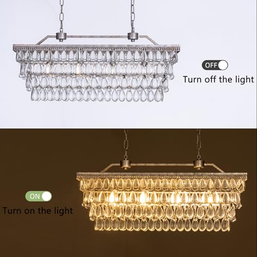 Dining Room Crystal Chandelier,30 inch Antique Bronze Rectangle Crystal Ceiling Light,4 Lights Farmhouse Kitchen Island Lighting,Adjustable Hanging Light Fixtures