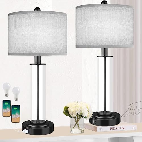 Table Lamps for Bedrooms Set of 2, 26'' Tall Glass Bedside Table Lamp with Dual USB Charging Ports,Touch Bedroom Modern Lamps with Gery Fabric LampShade for Nightstand Living Room,Bulbs Included