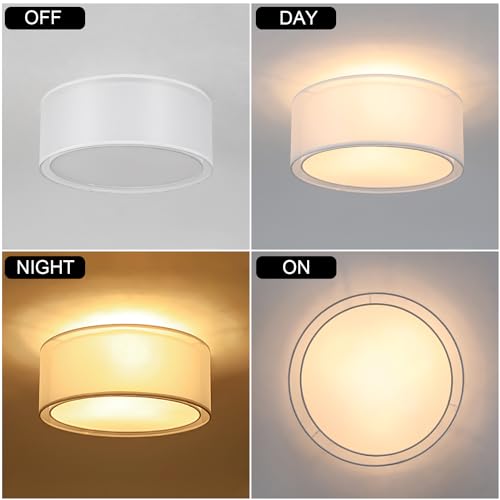 3-Light Double Fabric Drum Ceiling Light Fixture, 12.59 Inches Simple Semi Flush Mount Ceiling Lights with Double Fabric Shade, Modern Close to Ceiling Lights for Bedroom, Hallway E26 60W