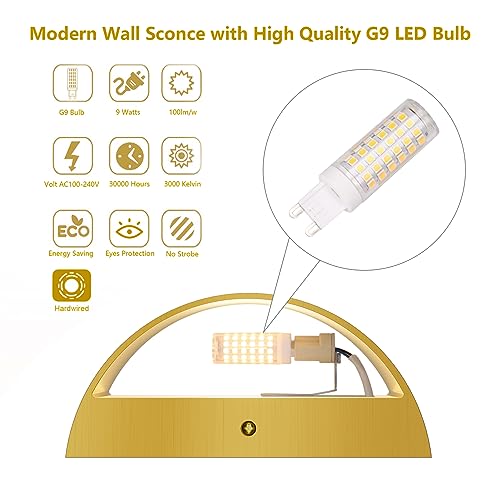 Black Modern LED Wall Sconce Indoor Wall Lights 1 Pack Hardwired Up and Down Wall Mount Light for Living Room Bedroom Hallway Corridor Conservatory Warm White 3000K(with G9 Bulbs)