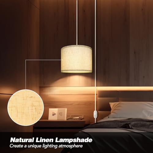 Plug in Pendant Light,15 FT Hanging Lamp with Plug in Cord, Dimmable Switch, Pendant Lighting with Fabric Shade, Hanging Light Fixture for Living Room, Bedroom, Dining Room, Kitchen