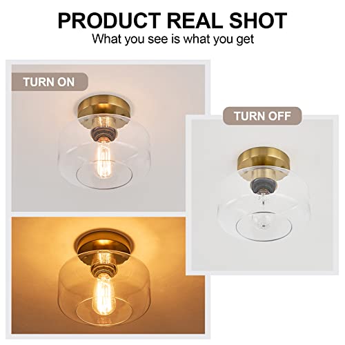 Semi Flush Mount Ceiling Light, 8.66" Clear Glass Shade, Brass Accent Socket, Modern Ceiling Light Fixture with Black Finish for Kitchen, Hallway, Entryway, Dining Room, Cafe, Bar