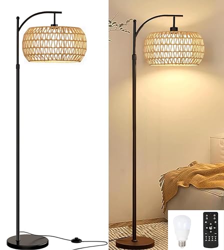 Floor Lamp for Living Room,Bedroom,Boho Rattan Floor Lights,Tree 3 Bulb Standing Lamp Farmhouse Industrial Black Tall Lamp,Wicker Bamboo Lamp Shade Flower Dimmable Floor Lamps Bohemian Decor