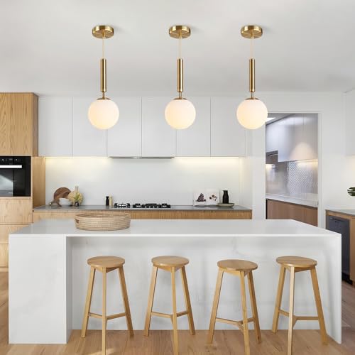 Modern 3 Light Cluster Pendant Lights Kitchen Island Mid Century Adjustable Brushed Gold Globe Chandelier Pendant Light Fixture Retro Vintage Milk White Glass Round Multi Hanging Ceiling Light