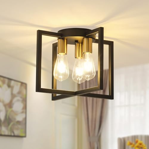 3-Light Ceiling Light Fixture, Black Semi-Flush Mount Chandelier with Geometric Metal Shade, Farmhouse Industrial Lighting for Kitchen Living Room Bedroom Hallway Foyer, E26 Base