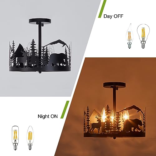 Rustic Semi-Flush Mount Ceiling Light Fixture,3-Light E12 Base Black Round Farmhouse Metal Light Fixtures for Kitchen, Hallway, Living Room, Industrial Style with Deer, Bear, Tree Design -Frame