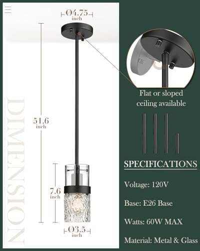 LMS 4-Light Island Lights, Farmhouse Light Fixtures with Hammered Glass Shade, Matte Black Linear Chandelier Pendant Lighting Over Table for Adjustable Height, Kitchen Island, LMS-171BK-4