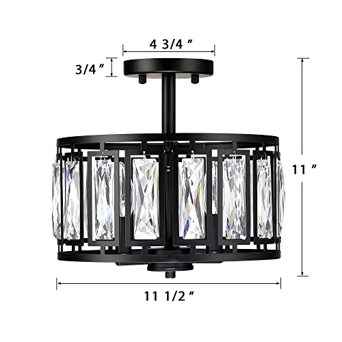 Crystal Pendant Lighting Fixture Matte Black Drum Shade Chandelier,2-Pack Pendant Lights for Kitchen Island Modern Ceiling Lights for Living Room