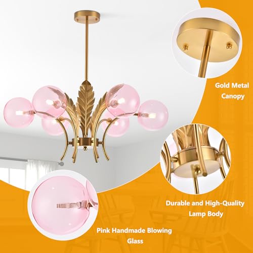 BOKT Mid Century Milk Glass Chandelier Gold G9 Ceiling Chandelier Light Industrial Metal Adjustable Pendant Lighting Farmhouse Large Globe Flush Mount Light Fixture for Dining Room Kitchen Indoor