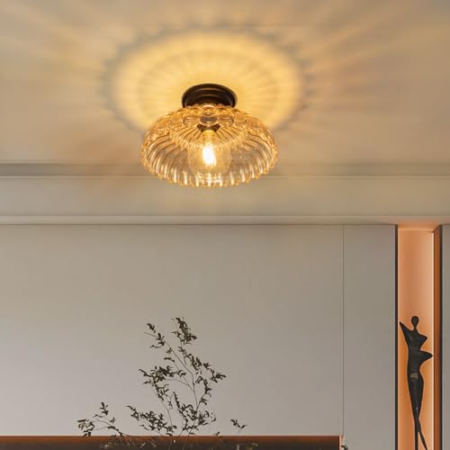 Ceiling Lights Semi Flush Mount Ceiling Light, Brown Glass Chandeliers, Black Base Modern Lighting, Light Fixture Suitable for Living Room Kitchen Bedroom Hallway... Bulb Not Included