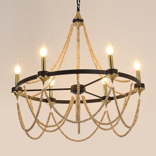 28" Natural Wooden Bead Tassel Rust Iron Black Wagon Wheel Farmhouse Chandelier, 6-Light Retro French Country Candle Chandeliers for Living Room, Coastal Boho Hanging