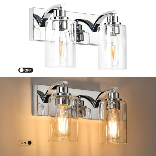 2-Light Bathroom Light Fixtures Modern Chrome Vanity Lights for Bathroom Lighting fixtures Over Mirror with Clear Glass Shade for Cabinet Mirror Bedroom Hallway