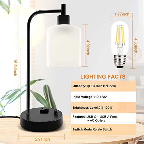 Industrial Table Lamp, Stepless Dimmable Gold Desk Lamp with 2 USB Ports and AC Power Outlet, Frosted GlassShade, Eye-Caring Bedside Nightstand Lamps(Some of The knobs are defective)