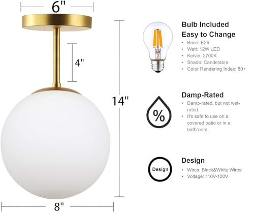 KoKo&Yukina 3-Light Semi Flush Mount Ceiling Light Globe Ceiling Light Mid Century Ceiling Light with Opal Milk Glass Globe & Brushed Brass for Bedroom Hallway Entryway Kitchen Living Room-Bulb Incl