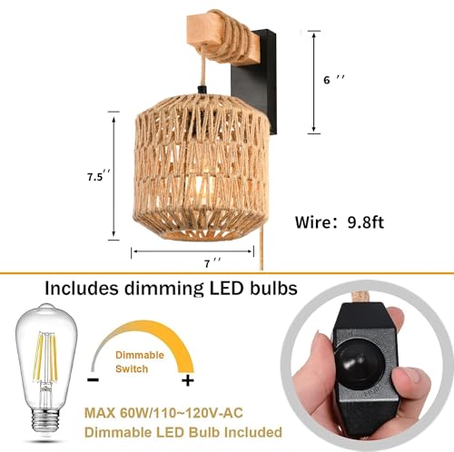 Rattan Wall Sconces Set of Two Plug in,Farmhouse Plug in Wall Sconces Hand Woven Bamboo Wall Light Fixtures with Switch,Rustic Black Wall Sconce Light Wall Lamp Plug in Sconces for Living Room Bedroom