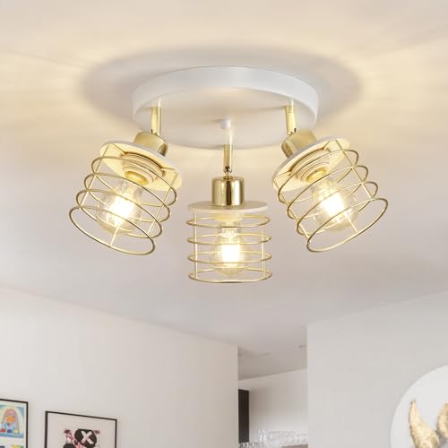 Semi Flush Mount Ceiling Light Fixture, Adjustable 3-Lights Kitchen Light Fixtures Ceiling Mount, Multi-Directional Ceiling Lights for Kitchen Farmhouse Hallway Dining Room Entryway (White & Gold)