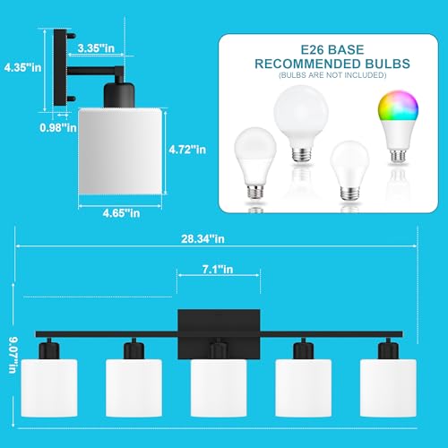 Black Bathroom Light Fixtures Over Mirror, Rustproof Vanity Lights for Bathroom, Modern 3-Light Wall Sconces for Living Room, Milky White Glass Shades, Standard E26 Base, Bulbs Not Included