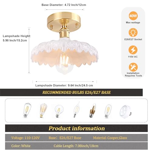 Semi Flush Mount Ceiling Light, Gold Hallway Vintage Lights Fixture Ceiling with Amber Peony Glass, Bulb Included, 4.72" Base Modern Ceiling Light Fixtures for Kitchen Bedroom