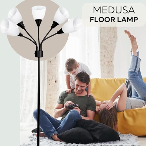 Modern Multi-Head Medusa Floor Lamp - 5 Light Standing Lamp for Bedroom and Living Room with Positionable Acrylic White Shades & 3-Light Mode Switch - Tall Black Floor Lamp for Living Room Decor