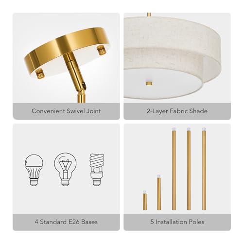 4-Light Drum Chandeliers, 18" Pendant Light Fixture with 2-Layer Fabric Shade E26 Bases, Adjustable Swivel Joint Hanging Light Fixture for Bedroom Living Room Kitchen Hallway, Antique Brass