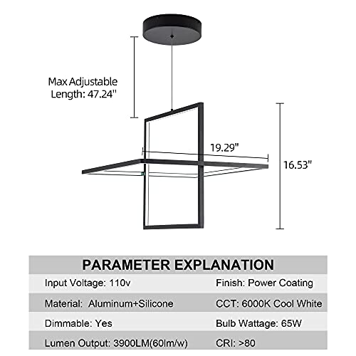 Modern LED Chandelier Linear Rectangle Chandelier Dimmable 35.4” Kitchen Island Lighting, Contemporary Hanging Linear Led Pendant Chandelier Light Fixture for Dining Room Hallway Bar Black