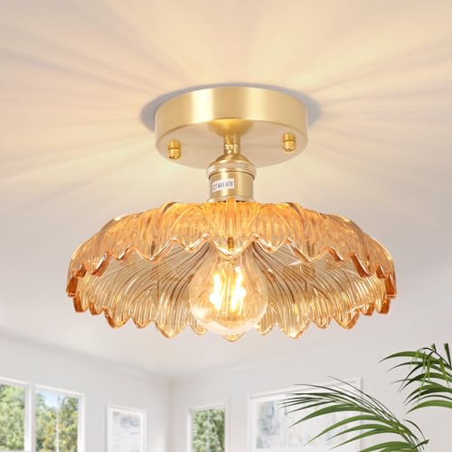 Semi Flush Mount Ceiling Light, Gold Hallway Vintage Lights Fixture Ceiling with Amber Peony Glass, Bulb Included, 4.72" Base Modern Ceiling Light Fixtures for Kitchen Bedroom