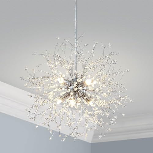 Dandelion Crystal Chandeliers, Modern Design, Firework Pendant Light Fixture for Living Space, H17'' x D17'', Adjustable Chains 59'', G9*9 Sockets, Brilliant Gold Finish Frame