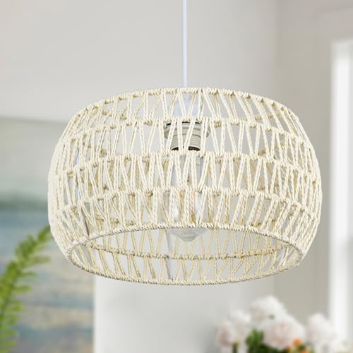 Rattan Pendant Light Fixture Basket Hanging Drum Chandelier Basket Light White Boho Ceiling Light Flush Mount Ceiling Light Woven Kitchen Chandelier for Dinning Room Hallway Bedroom Chandelier