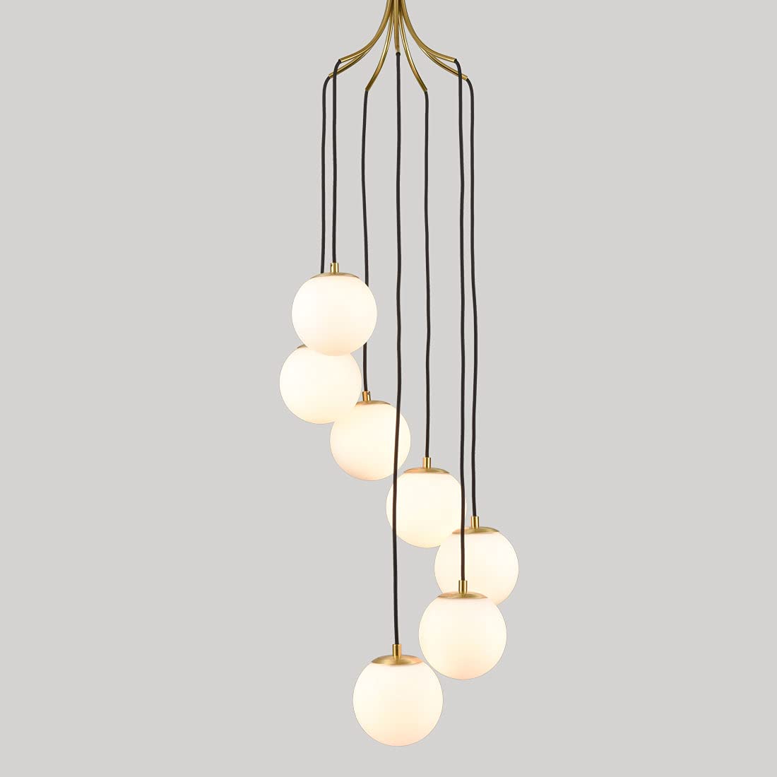 Mid Century Modern Pendant Lighting 4-Light Globe Chandeliers White Opal Glass Shade Brass