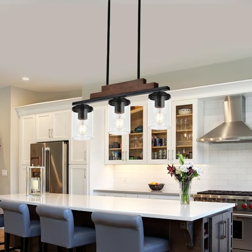 Rustic Chandelier 3 Lights Black Pendant Lighting Linear Kitchen Island Hanging Light Fixture Farmhouse Wood Pendant Ceiling Light Fixture with Clear Glass Shade for Dining Room Pool Table