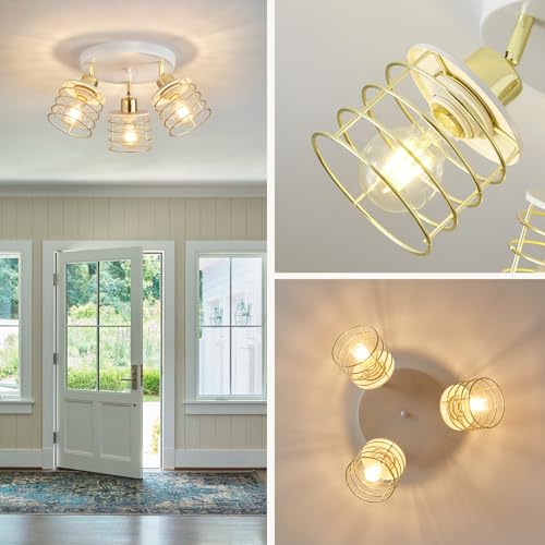 Semi Flush Mount Ceiling Light Fixture, Adjustable 3-Lights Kitchen Light Fixtures Ceiling Mount, Multi-Directional Ceiling Lights for Kitchen Farmhouse Hallway Dining Room Entryway (White & Gold)