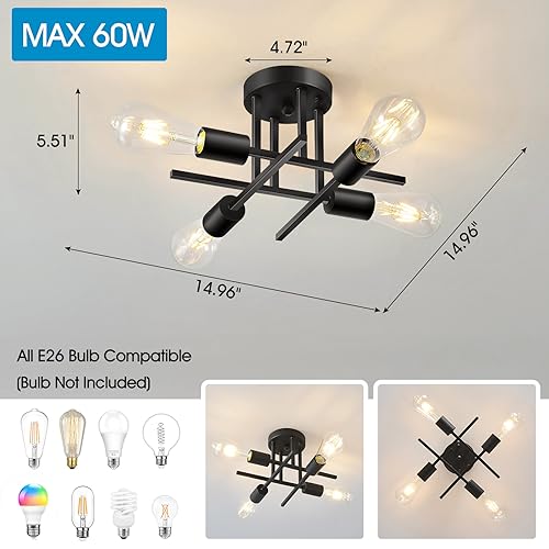 4-Light Modern Sputnik Chandelier, Mid Century Ceiling Light Fixture, Gold Black Semi Flush Mount Ceiling Lights for Dining Room Bedroom Foyer Hallway Kitchen Office (2 Pack)