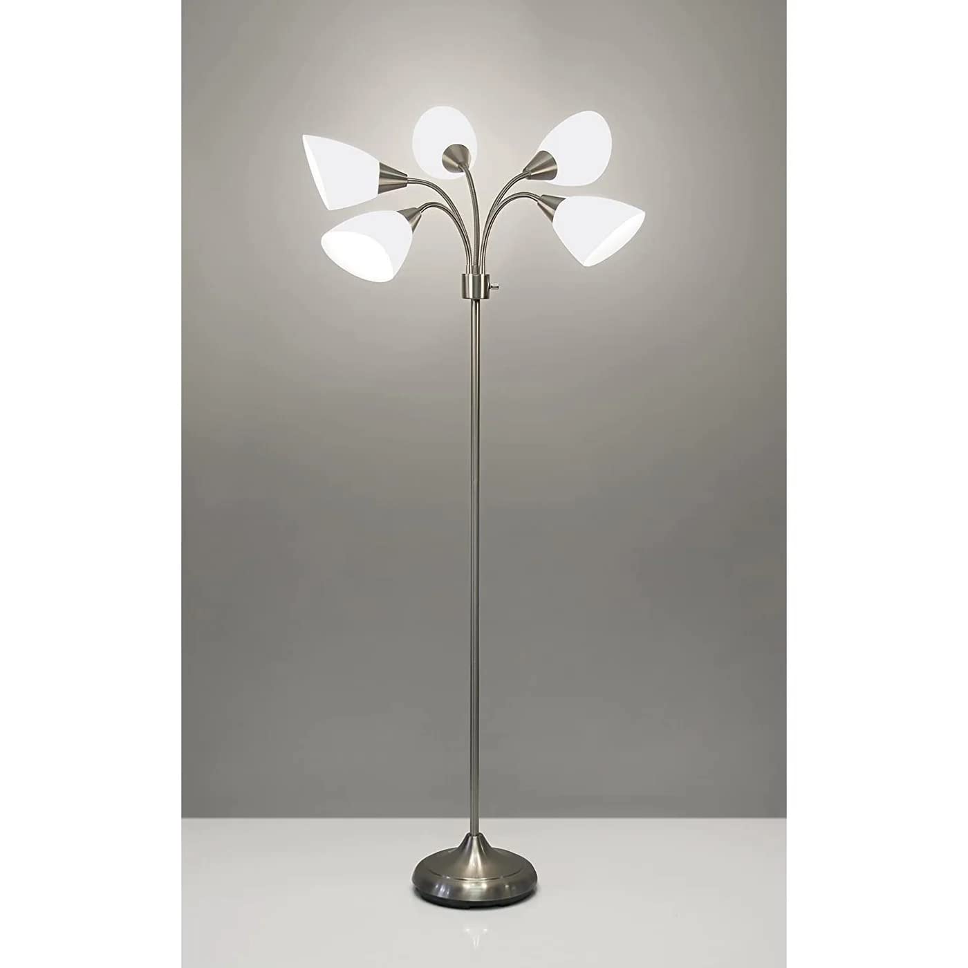 Multi-White Shade Floor Lamp, Adjustable Gooseneck Arms, Silver