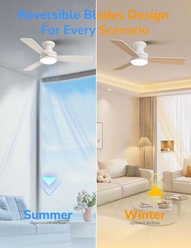 Orison Ceiling Fans with Lights, 42 inch Low Profile Ceiling Fan with RGB Backlight, Flush Mount Ceiling Fan with Remote and App Control, Black Ceiling Fan for Bedroom, 6 Speeds, 3 Reversible Blades