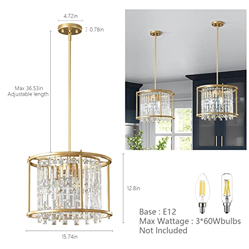 4-Light Dining Room Light Fixture 11.81 inch Square Lndustrial Farmhouse Chandelier Gold Metal Crystal Pendant Light for Kitchen Island Dining Room Living Room Flat and Inclined Ceiling