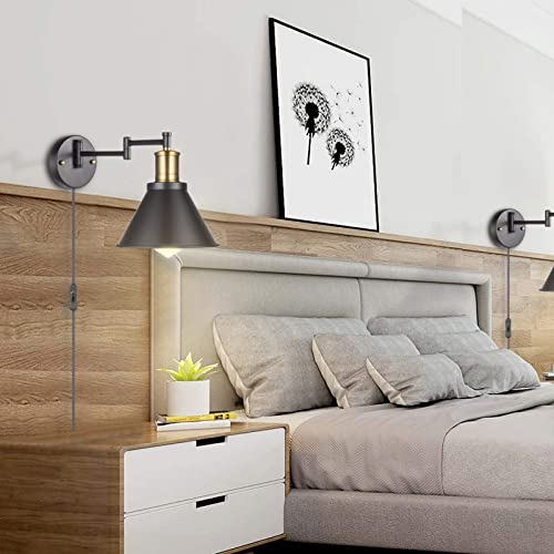 Swing Arm Wall Lamp Plug-in Cord Industrial Wall Sconce, Bronze and Black Finish,with On/Off Switch, E26 Base,1-Light Bedroom Wall Lights Fixtures,Bedside Reading Lamp