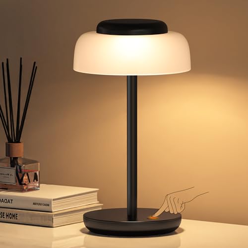 Battery Operated LED Table Lamp, 5000mAh Waterproof Cordless Desk Lamp with 3 Level Brightness Touch Control, Mini Rechargeable Night Light for Living Room, Bedroom, Outdoor bar (Black)