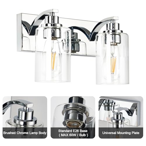 2-Light Bathroom Light Fixtures Modern Chrome Vanity Lights for Bathroom Lighting fixtures Over Mirror with Clear Glass Shade for Cabinet Mirror Bedroom Hallway