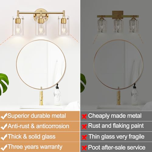 Bathroom Light Fixtures 2023 Upgrade, 3-Light Matte Black Bathroom Vanity Light, Black Bathroom Lights Over Mirror with Clear Glass Shade, Bathroom Wall Sconces for Mirror Bedroom Living Room Hallway