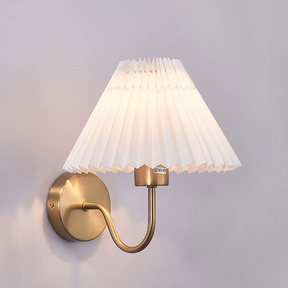 Gold Wall Sconces Sets of 2, Pleated Fabric Wall Lamp Bedside Wall Light Bathroom Dresser Vanity Light Hardwired Wall Lighting for Bedroom Living Room Hallway Kitchen