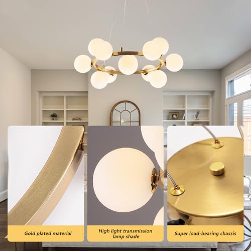 Modern Globe Gold Chandelier - 3.9in Glass Shape Sputnik Ceiling Light Fixture, Mid Century Bubble Dining Room Pendant Light, Hanging Brass Island Light for Kitchen Bedroom Entryway Over Table