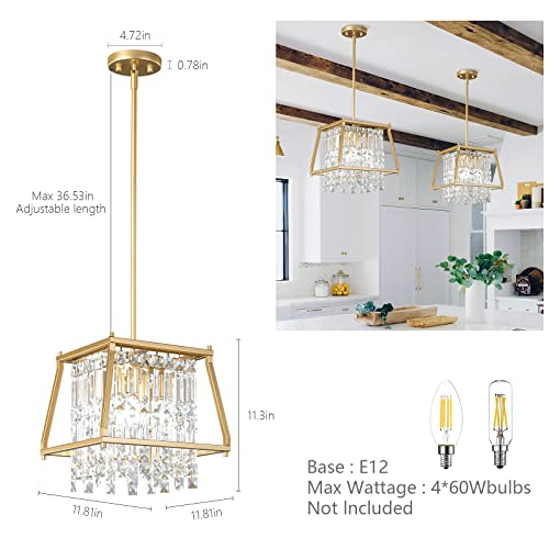 4-Light Dining Room Light Fixture 11.81 inch Square Lndustrial Farmhouse Chandelier Gold Metal Crystal Pendant Light for Kitchen Island Dining Room Living Room Flat and Inclined Ceiling