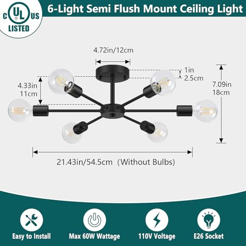 6-Lights Semi Flush Mount Ceiling Light, Matte Black Close to Ceiling Lighting with E26 Base, Modern Sputnik Light Fixtures for Kitchen Dining Room Bedroom Living Room