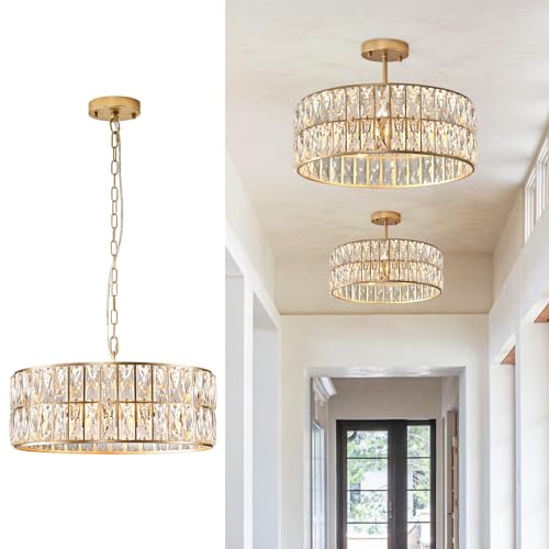 Gold Crystal Chandeliers, Modern Semi Flush Mount Chandelier 4-Ligh Drum Crystal Ceiling Pendant Light Fixture 12” for Foyer Entryway Kitchen Hallway Dining Room