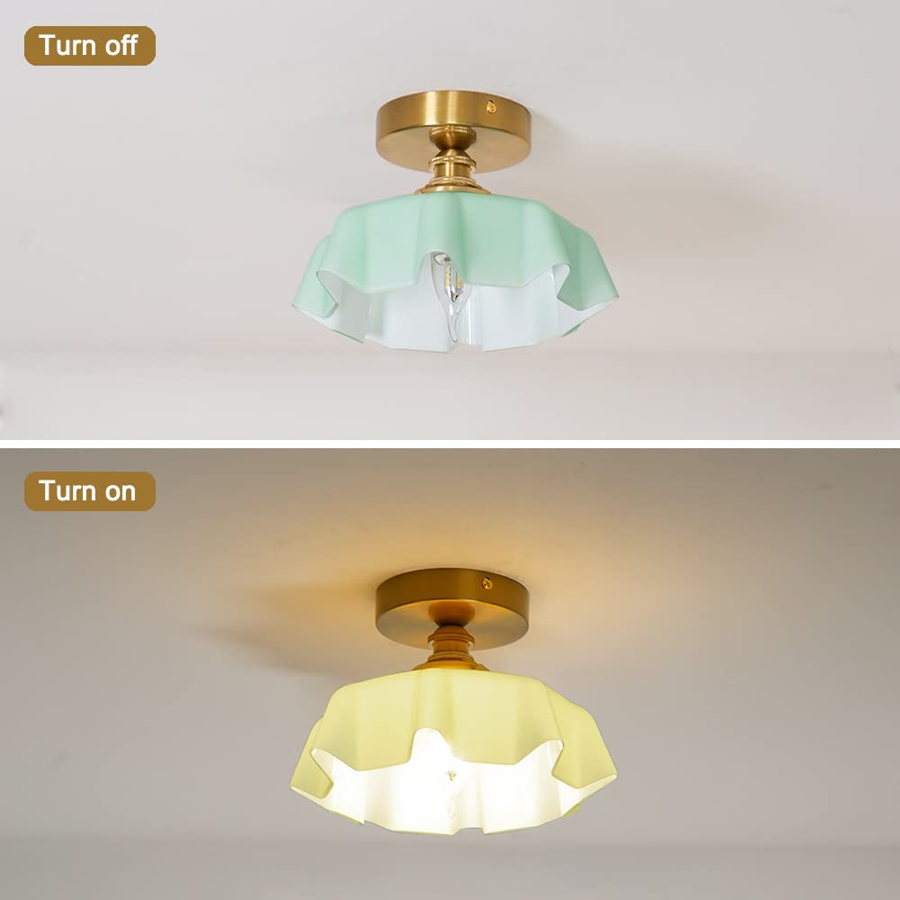 Brass Semi Flush Mount Ceiling Light, Cute Small Green Glass Flush Mount Ceiling Light, Porch Ceiling Light Fixtures, Flower Shape Glass Close to Ceiling Light for Closet Hallway Entryway