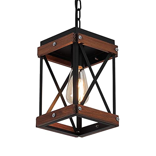 Modern Farmhouse Antique White Distressed Pendant Light with Wood and Metal Cage, One-Light Adjustable Chains Rustic Mini Pendant Lighting Fixture for Kitchen Island Cafe Bar